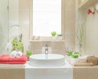 Waschbecken mit umliegender Badezimmer-Dekoration