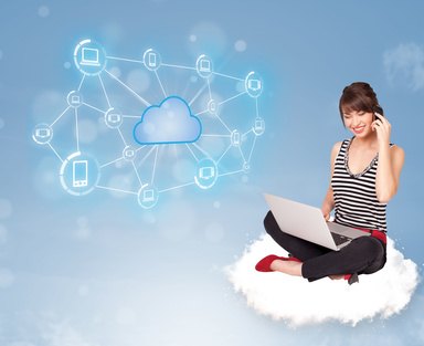 Happy woman sitting on cloud with cloud computing