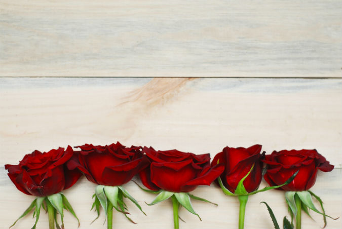 Fünf rote Rosen liegen auf einem Tisch