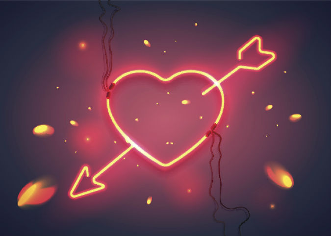 Leuchtschrift Herz durch das ein Amor Pfeil führt