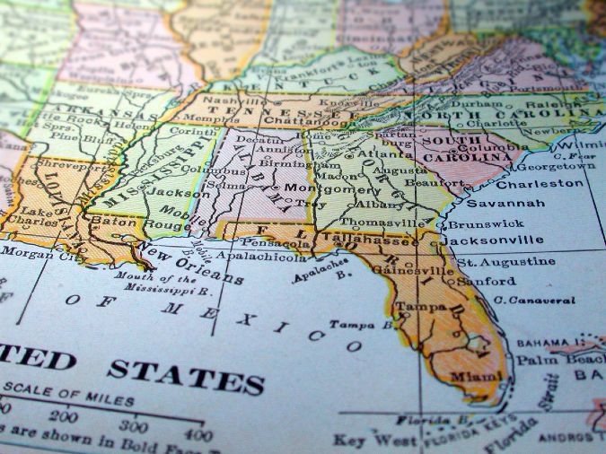 Karte der USA, Fokus auf den Südstaaten