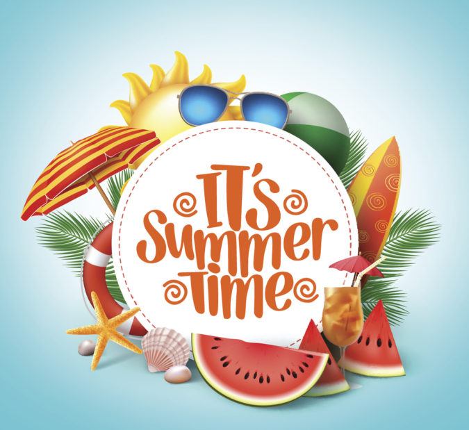 Ein Banner mit dem Schriftzug "It's Summer Time" und sommerlichen Utensilien drum herum
